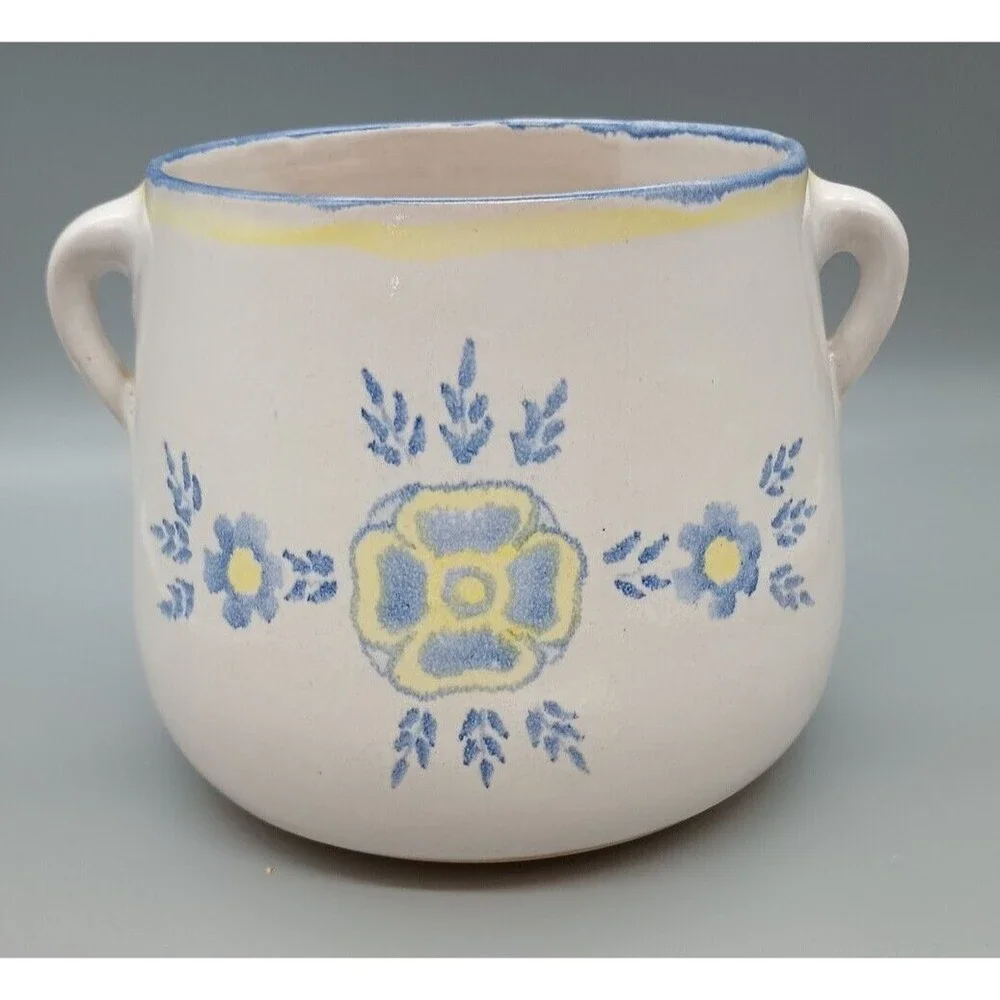 Vintage AMNION Clay Pottery Handpainted ALGARVE Blue Yellow CROCK w Two Handles